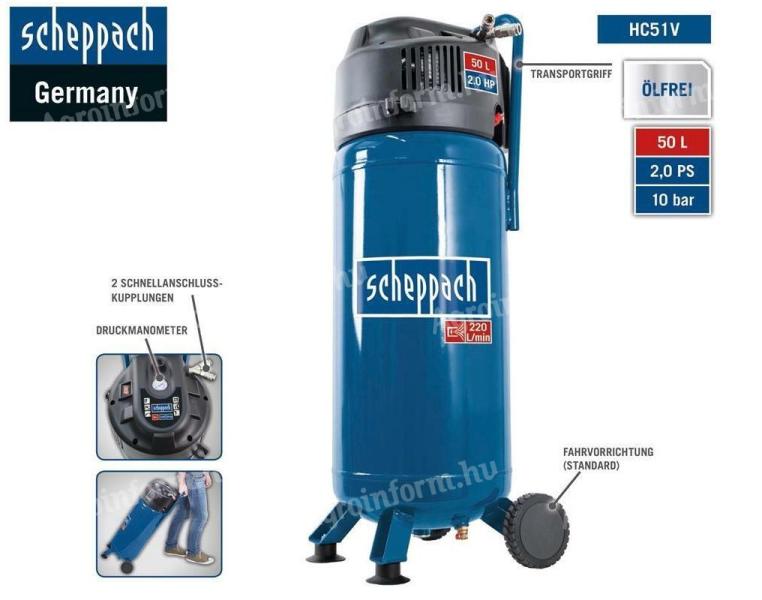 Vertikális kompresszor - Scheppach HC 51 V - Új generációs 10 bar 50 literes 1500 wattos 2.0 LE