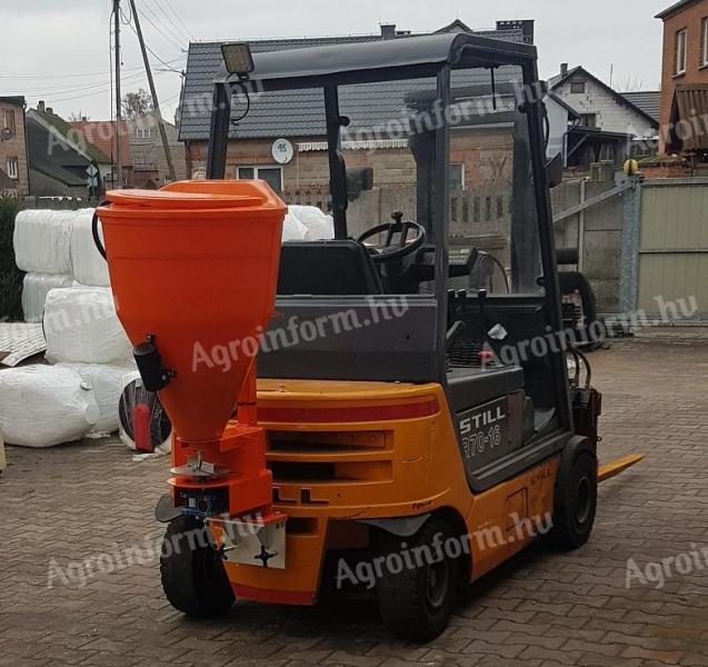 Electric salt spreader, sand spreader, winter, municipal, industrial, forklift, snow plough, small tractor