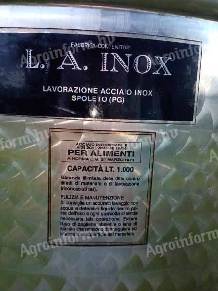 1000 literes,olasz saválló INOX tartály