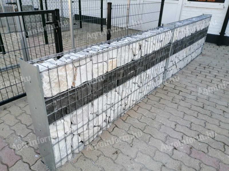 Gabion kőkerítés,  kőkosár,  táblás kerítés,  vadháló,  drótfonat,  kapu,  oszlop