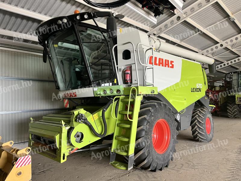 Claas Lexion 670 + V750 Auto Contour stol za rezanje, transportna kolica, bočna kosilica za uljanu repicu lijevo, desno