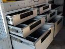 Van shelving system, vehicle equipment, mobile workshop