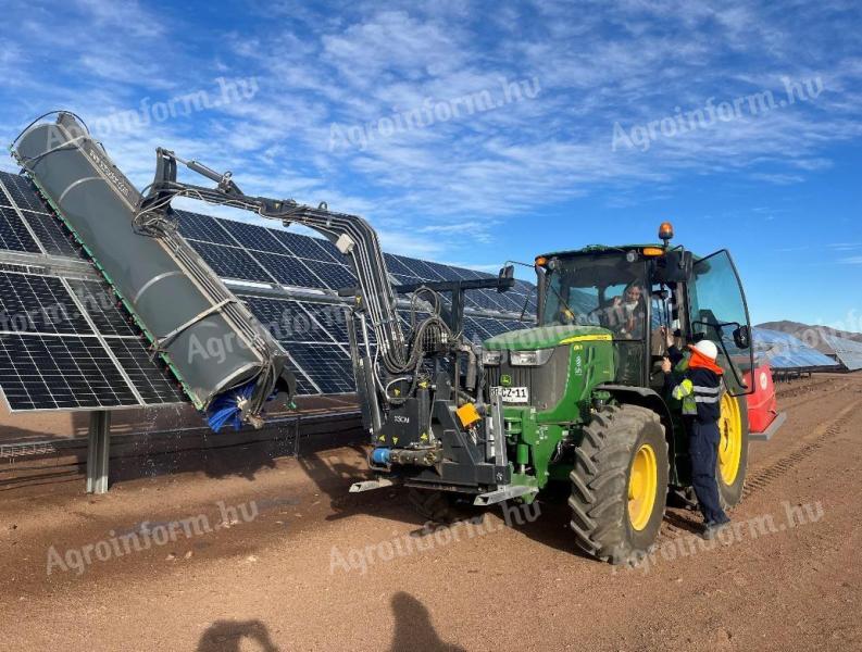 Solar panel cleaning adapter for tractor, wheel loader, skid steer loader, telescopic handler