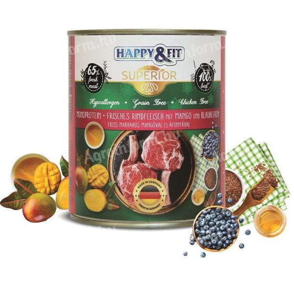 Happy&Fit Superior Dog Konzerv Friss Marhahús mangóval, áfonyával 800g