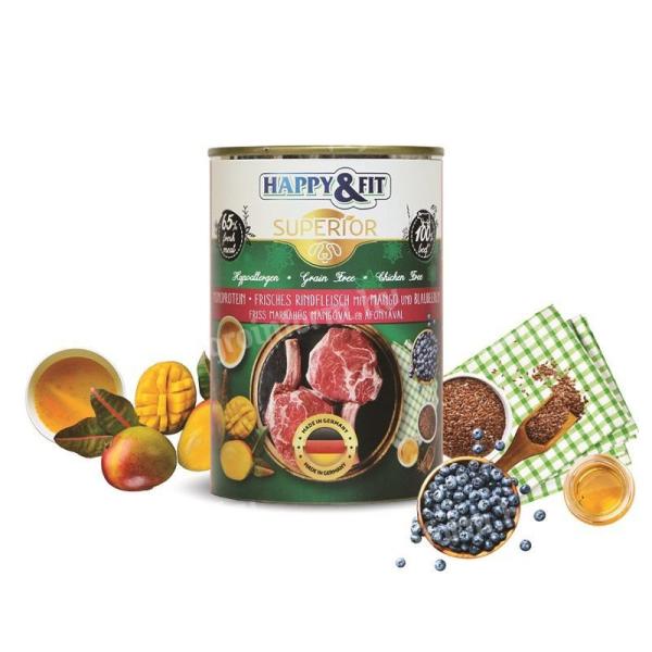 Happy&Fit Superior Dog Konzerv Friss Marhahús mangóval, áfonyával 400g