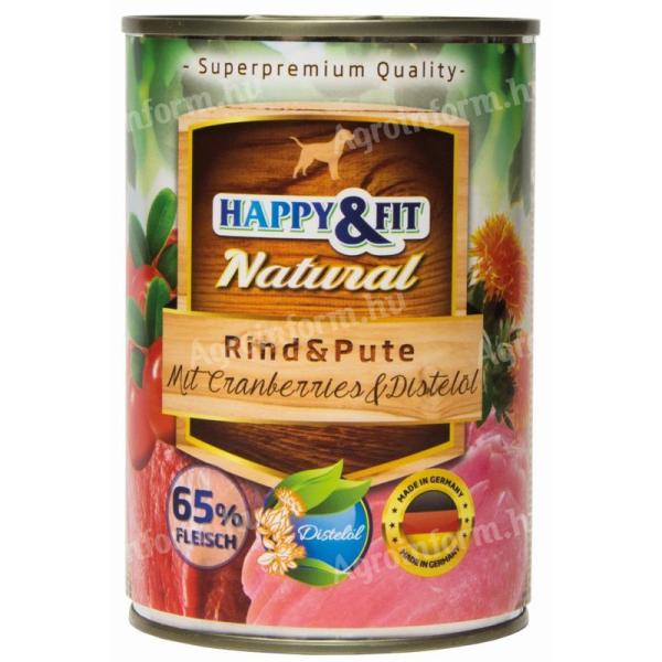 Happy&Fit Natural Dog Konzerv Marha & Pulyka Áfonyával & Sárfányolajjal 400g