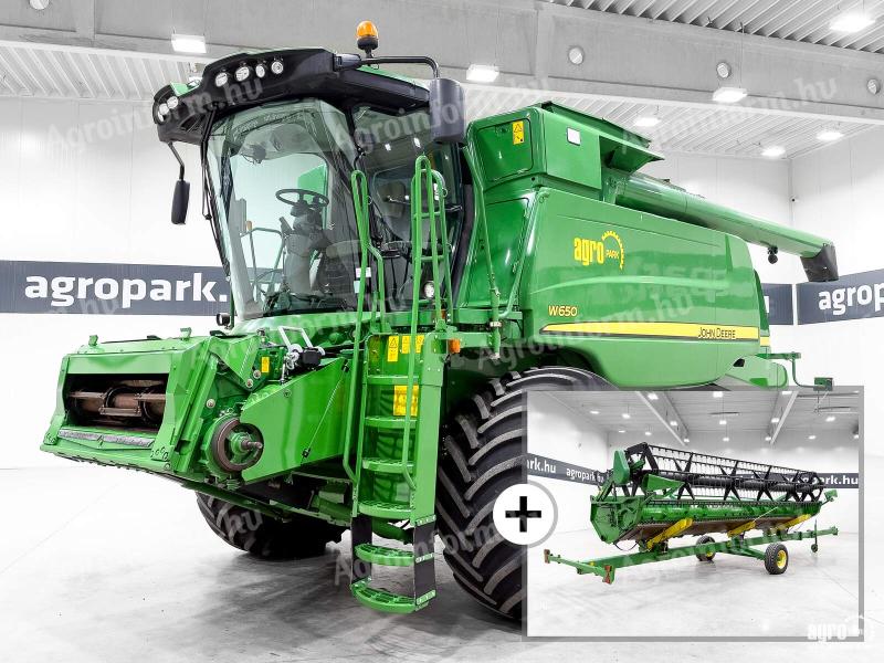 John Deere W650 (1949/2860 üzemórás) 6 ládás, 622R 6,7 m asztal kocsival, 800/65R32 első gumizás, ATU300 AutoTrac, 11.000 literes magtartály